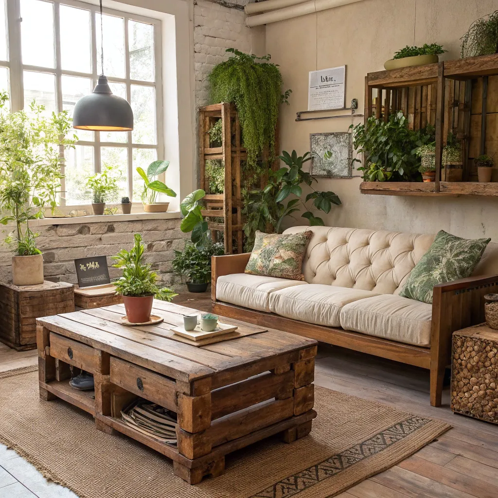Eco-friendly living room design featuring recycled furniture