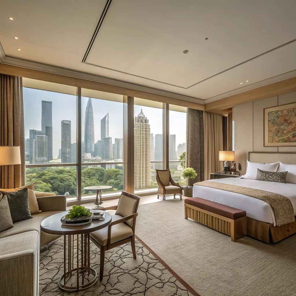 Luxury hotel suite with sustainable furnishings